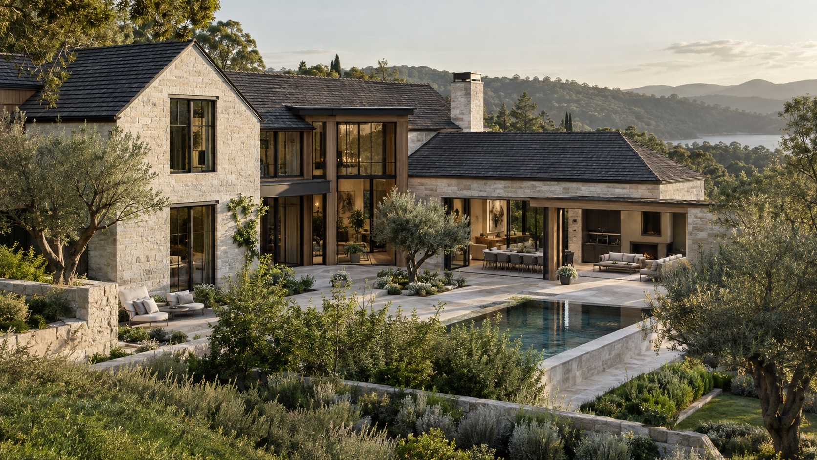 Architectural home and roof photographed for the Oak & Stone Exteriors design concept